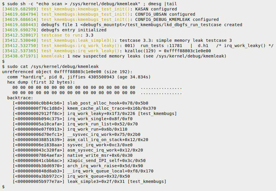 Figure 6.16 – kmemleak catches the leak in interrupt context
