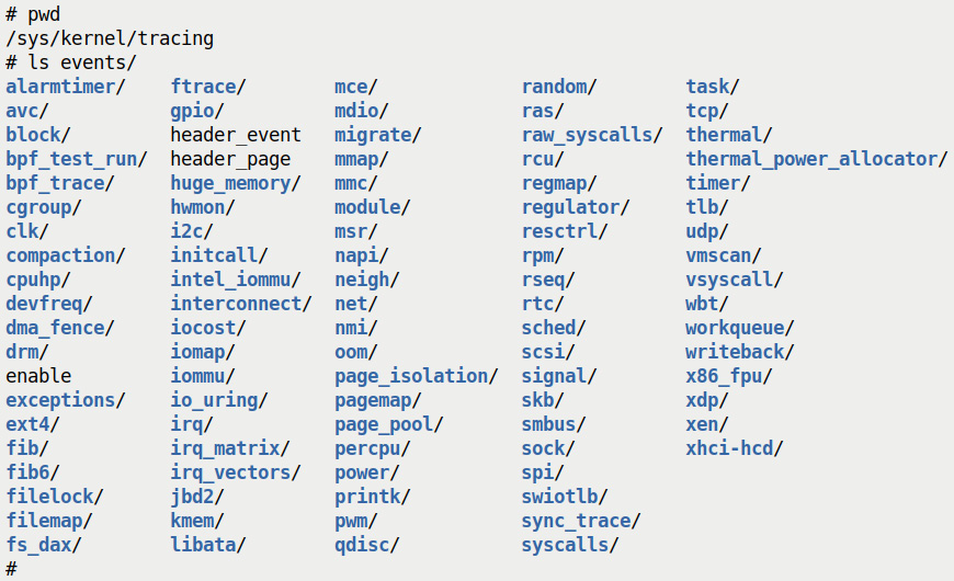 Figure 9.16 – A screenshot showing the content of the events directory – all kernel tracepoints
