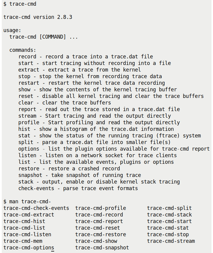 Figure 9.20 – A screenshot showing trace-cmd's brief help screen and available man pages
