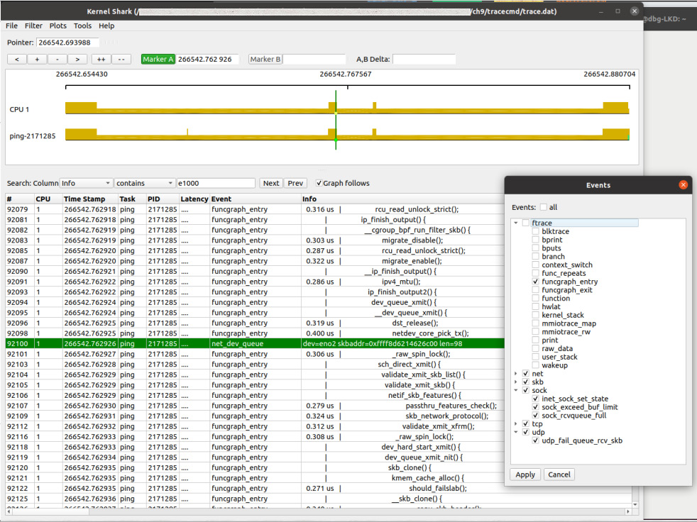 Figure 9.22 – A screenshot of the KernelShark GUI visualizing the single ping; the Events filter dialog is seen as well
