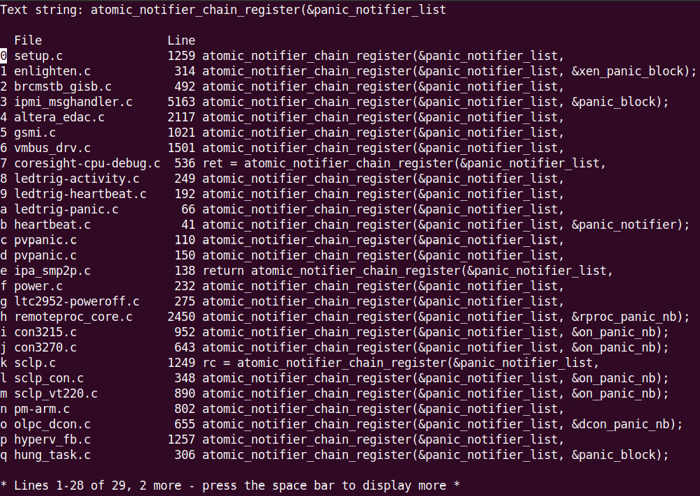 Figure 10.6 – A partial screenshot showing various users of the panic notifier chain within the kernel
