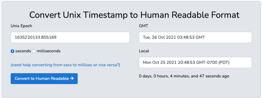 Figure 6.2 – Converting a Unix timestamp to a human-readable format in both GMT and local time 
