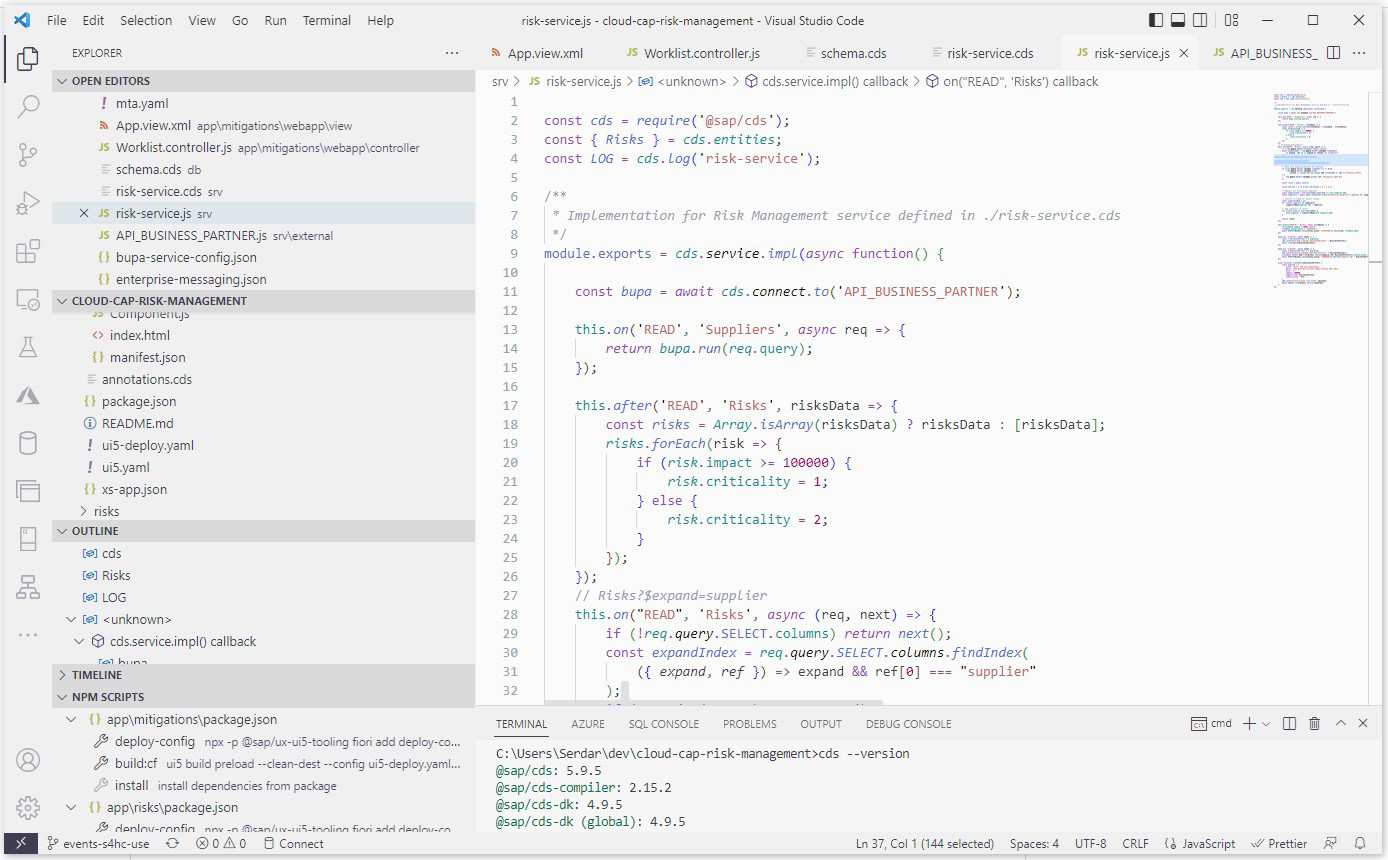 Figure 9.13 – CAP and UI5 development in Visual Studio Code
