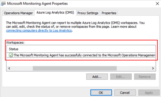 Figure 2.15 – Microsoft Monitoring Agent Properties window showing a successfully connected message
