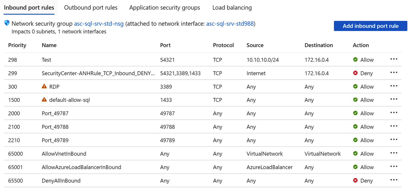 Figure 7.18 – Inbound port rules after enforcing adaptive network hardening rules
