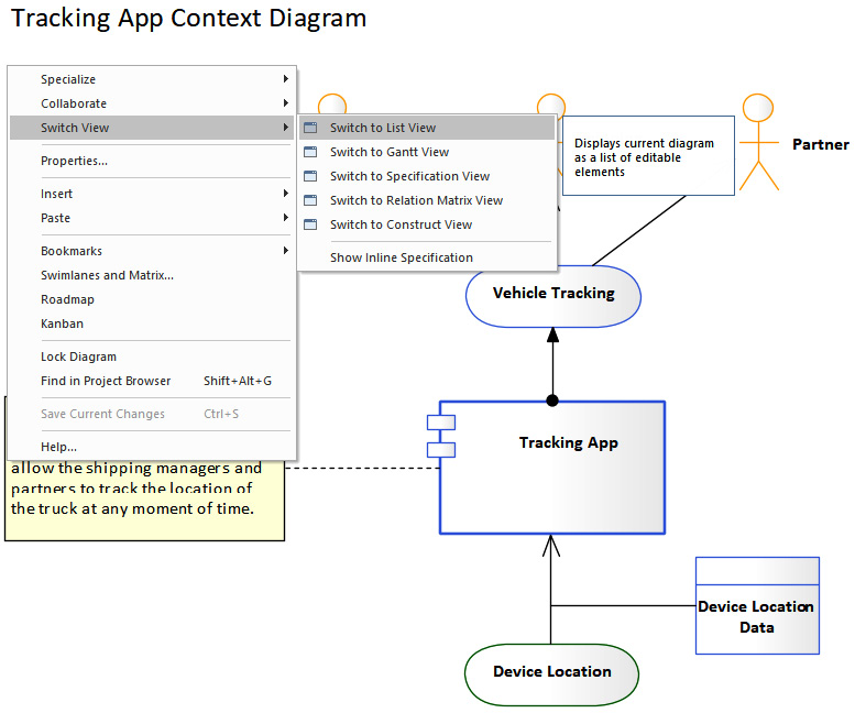 Figure 10.2 – Switching views from the Tracking App Context diagram
