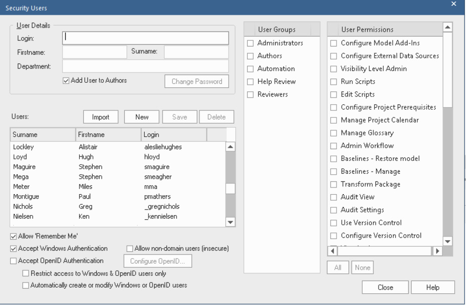 Figure 10.10 – The Security Users permissions configuration dialog (image courtesy of the Sparx User Guide:)
