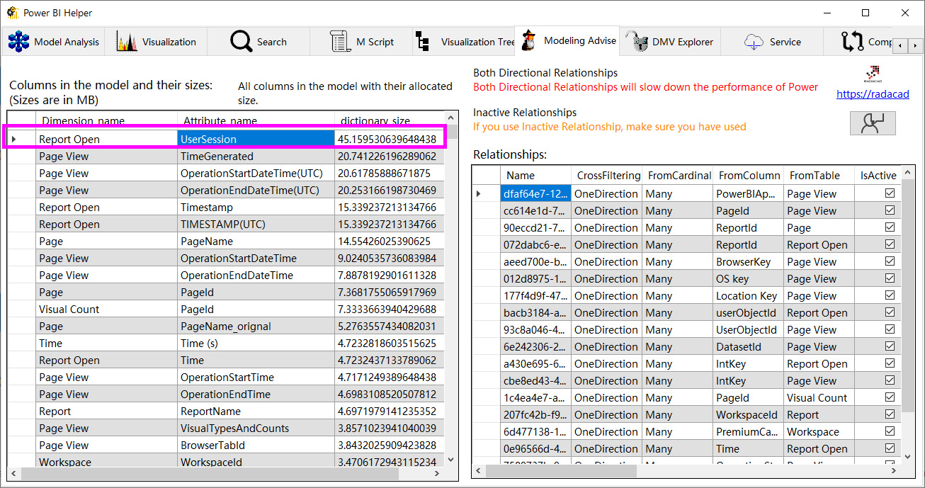 Figure 6.1 – Modeling Advise tab of showing largest column
