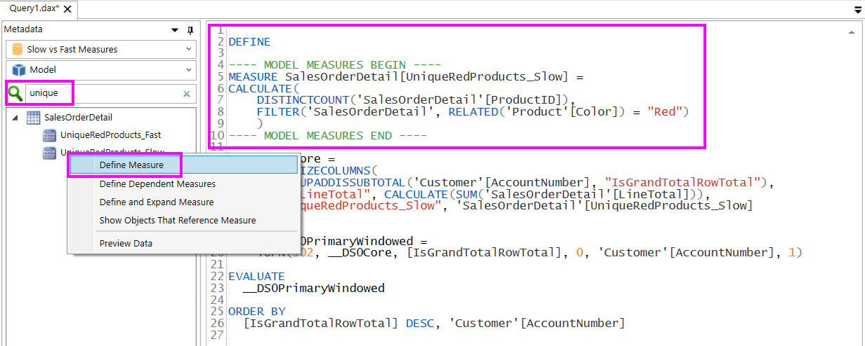 Figure 6.15 – Define Measure option and result in Query pane