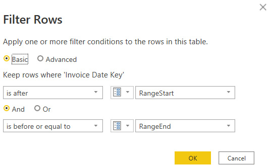 Figure 8.10 – Filter configuration to support parameterized date ranges in a query
