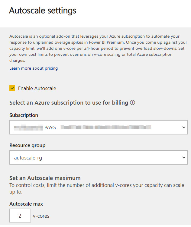 Figure 13.4 – Autoscale settings to link an Azure subscription and assign v-cores
