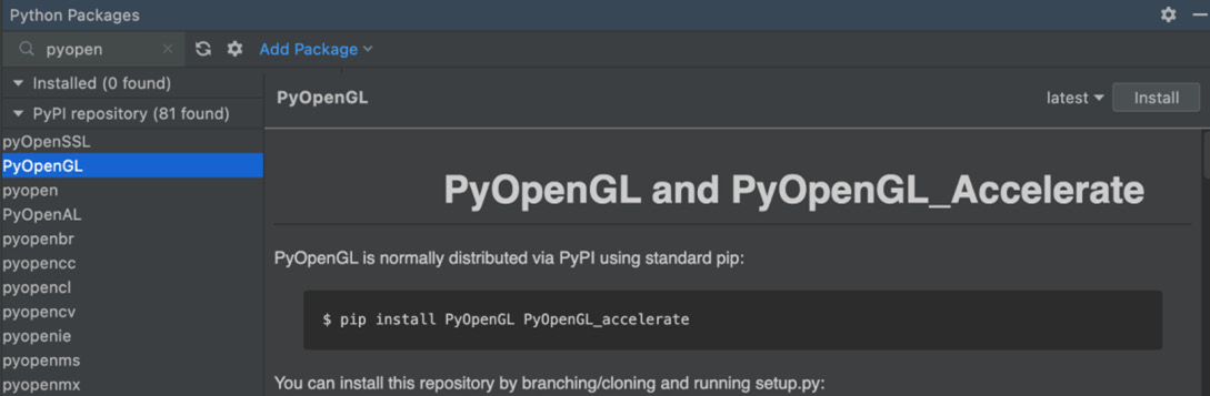Figure 4.3: Installing PyOpenGL in PyCharm
