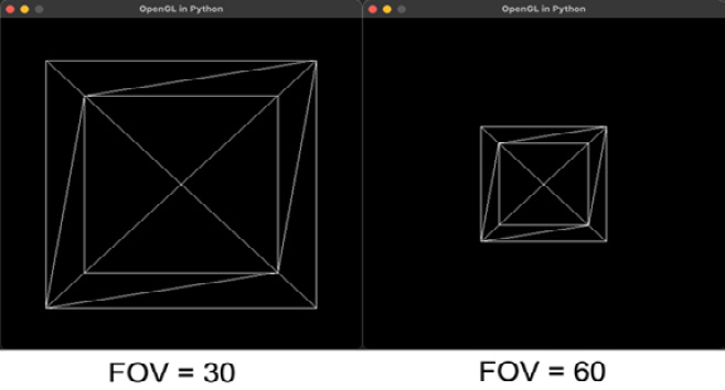 Figure 4.18: A wireframe cube presented with differing FOVs