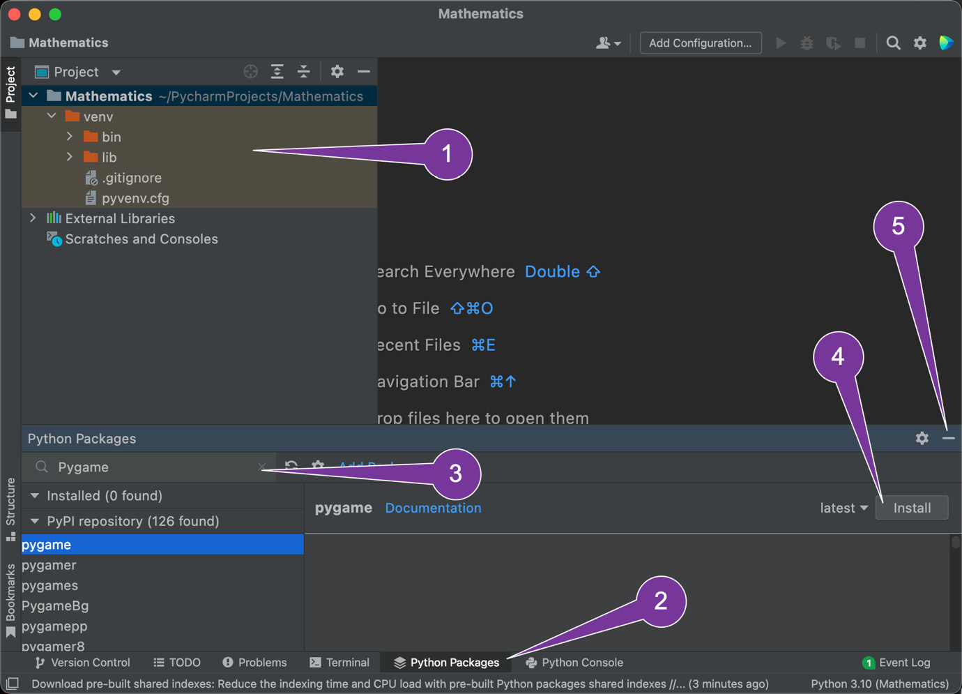Figure 1.4: The PyCharm interface and package installation window
