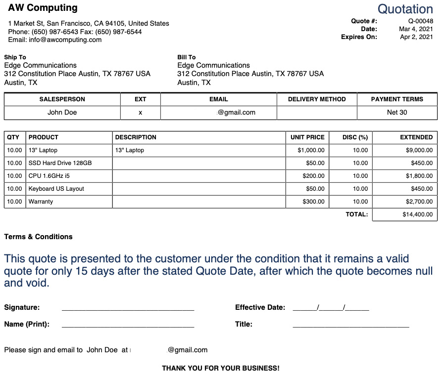 Figure 1.3 – CPQ PDF quote 
