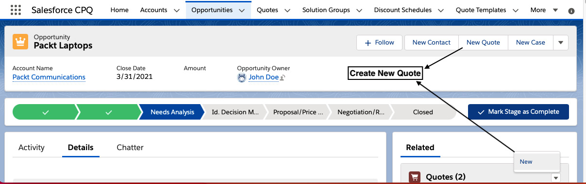 Figure 2.5 – Creating a quote from an opportunity 
