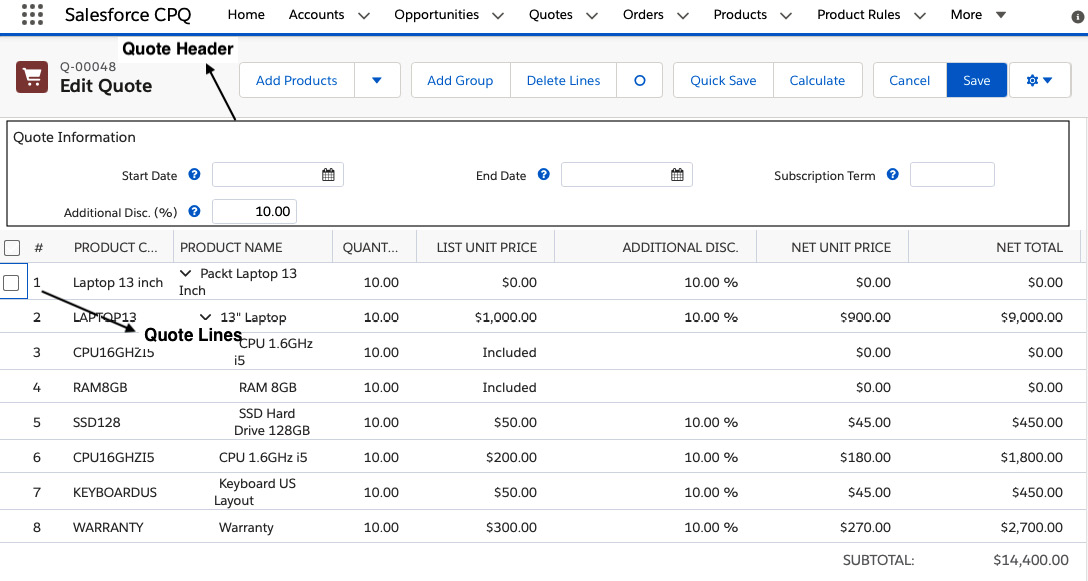 Figure 2.9 – QLE quote header, quote lines, and products
