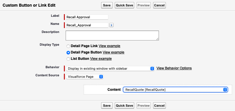 Figure 2.21 – Creating the Recall Approval button
