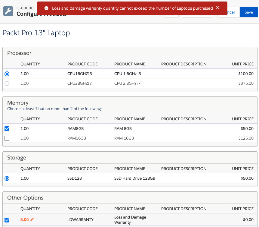 Figure 3.16 – Product rule validation error message on the QLE
