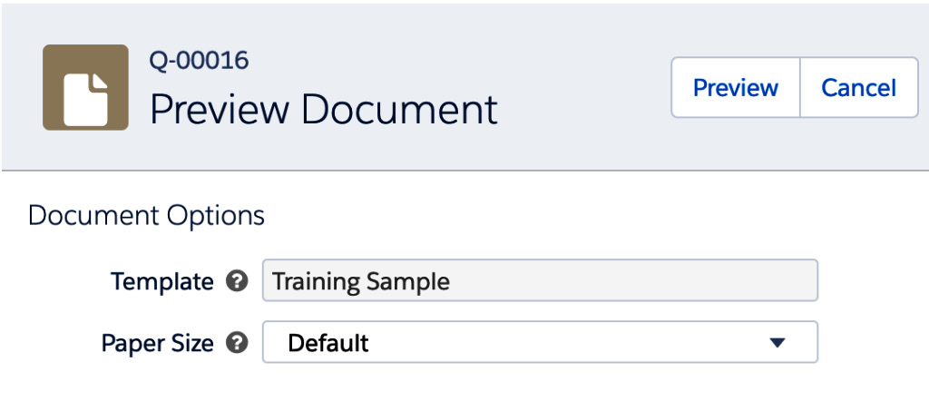 Figure 5.1 – The quote Preview Document dialog in Salesforce CPQ
