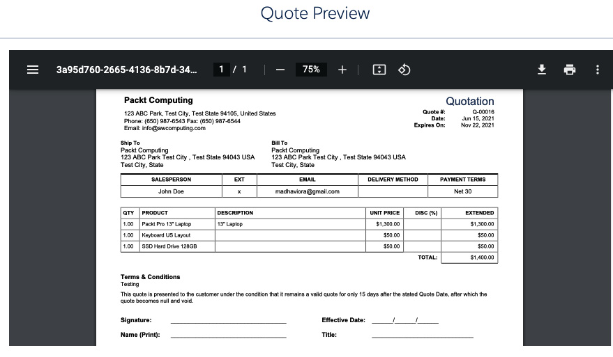 Figure 5.2 – The Quote Preview document 
