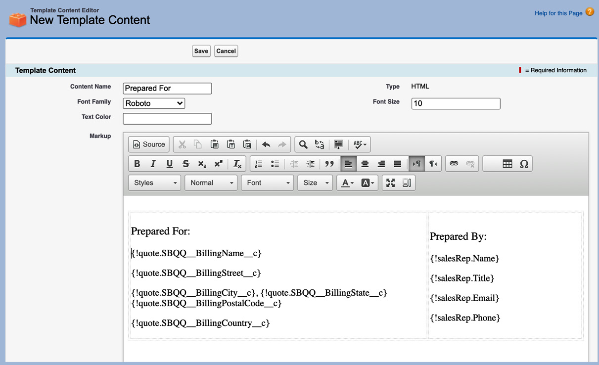 Figure 5.5 – Creating HTML content in Salesforce CPQ
