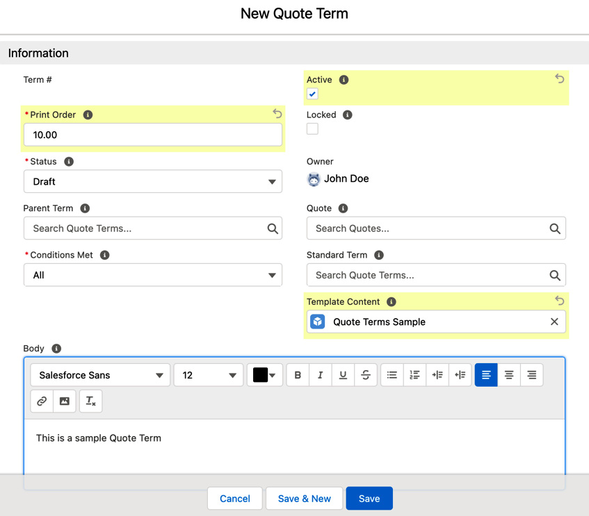 Figure 5.11 – Creating a quote term
