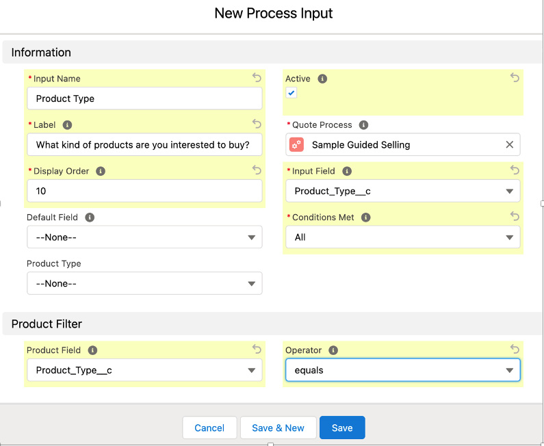 Figure 6.5 – Creating a process input field: Type – Product
