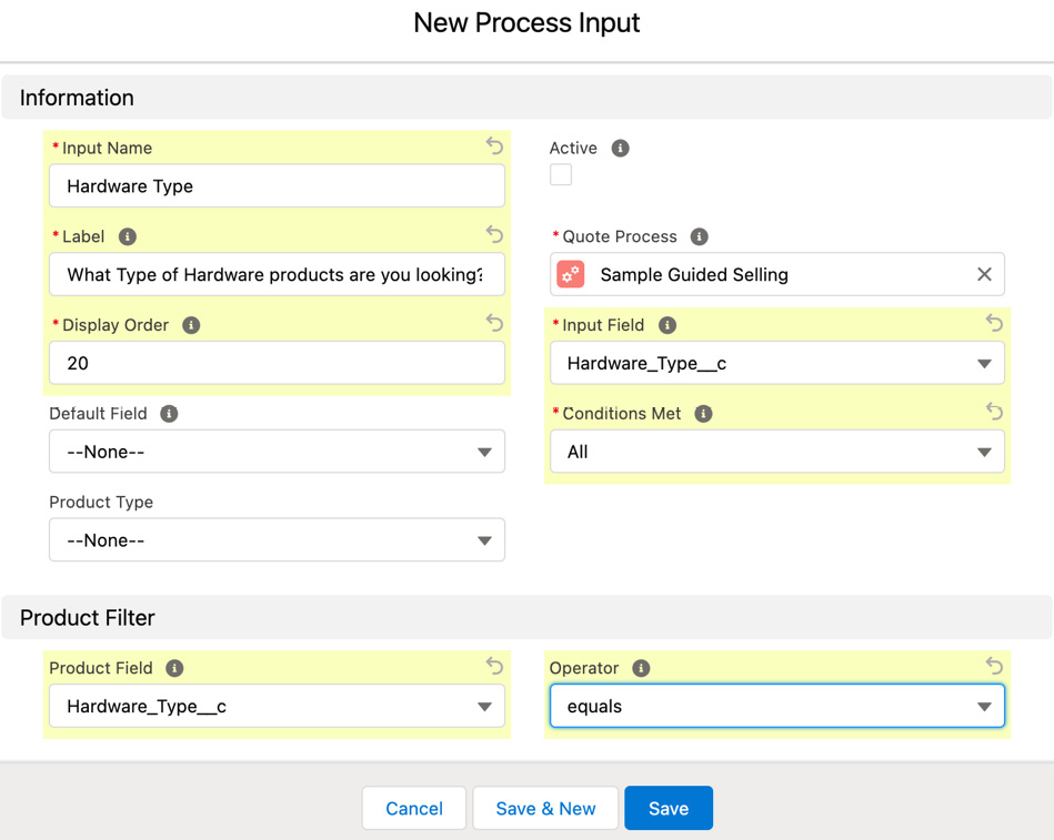 Figure 6.6 – Creating a process input field: Type – Product
