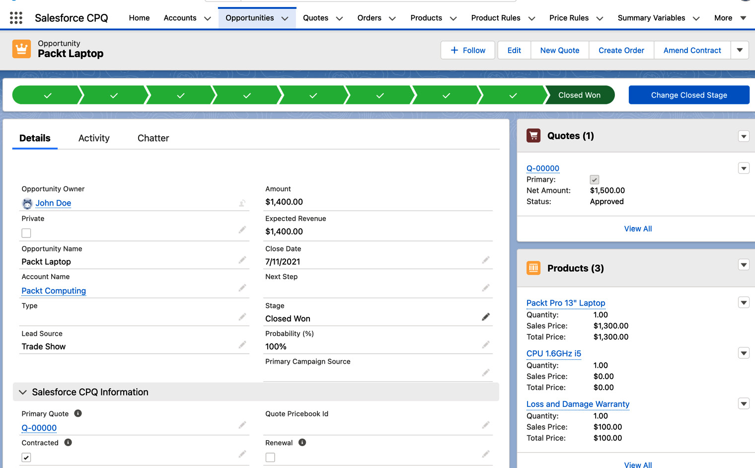 Figure 7.2 – Opportunity and quote with subscription products
