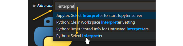 Figure 3.22 – Choose the Python: Select Interpreter option in the Command Palette
