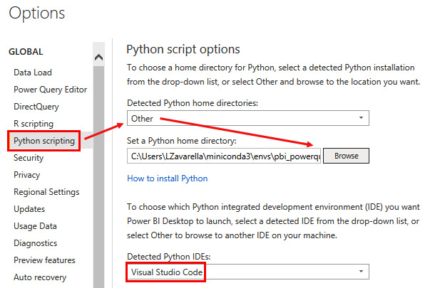 Figure 3.29 – Configuring your Python environment and IDE in Power BI
