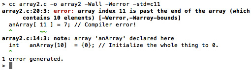 Figure 11.2 – Screenshot of compiler error for array2.c
