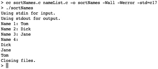 Figure 23.3 – A screenshot of the sortNames.c (first case) output 
