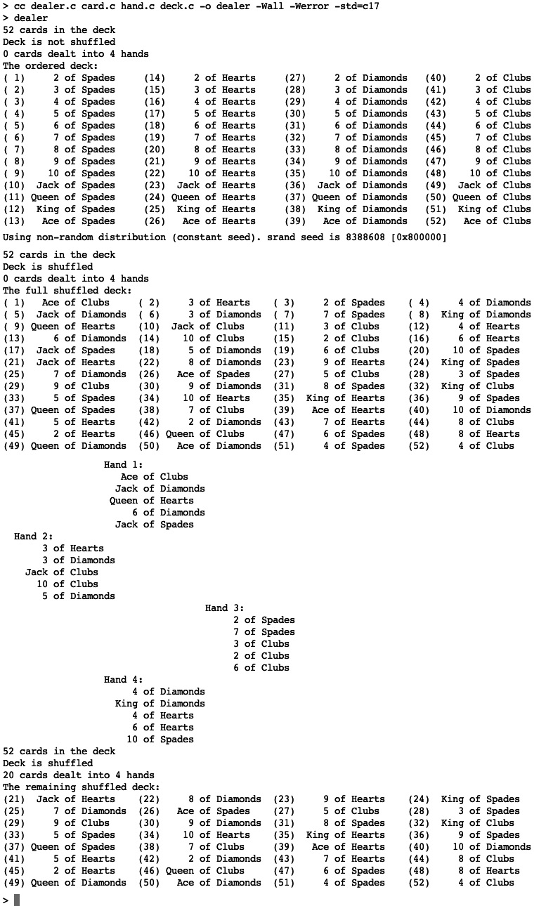 Figure 24.1 – Screenshot of the output of dealer.c 
