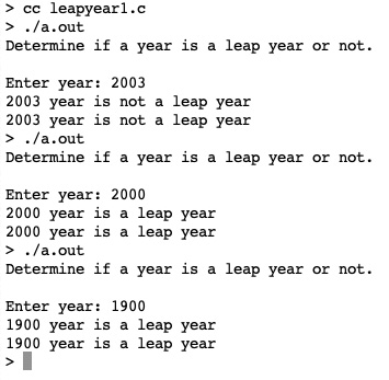 Figure 6.1 – Screenshot of the output of leapyear1.c
