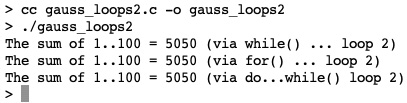 Figure 7.3 –  Screenshot of gauss_loops2.c output
