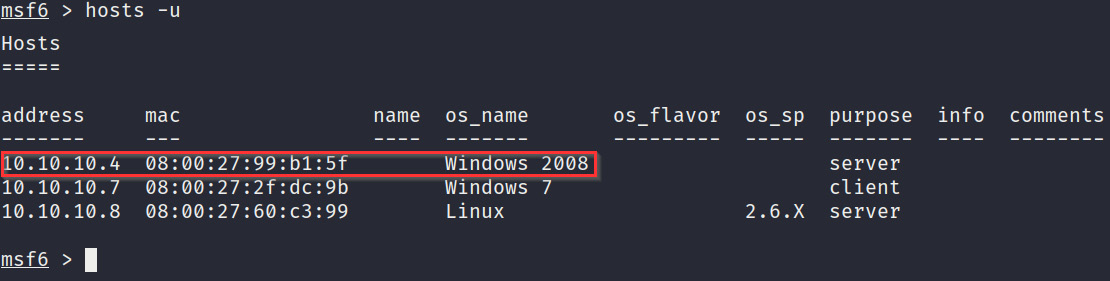 Figure 3.10 – The msfconsole hosts
