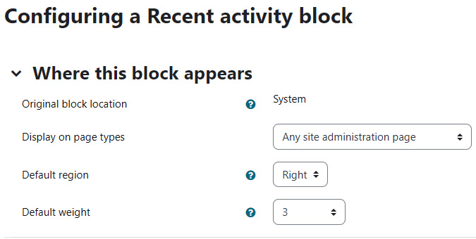 Figure 12.10 – Configuring the block so it will appear on any site administration page
