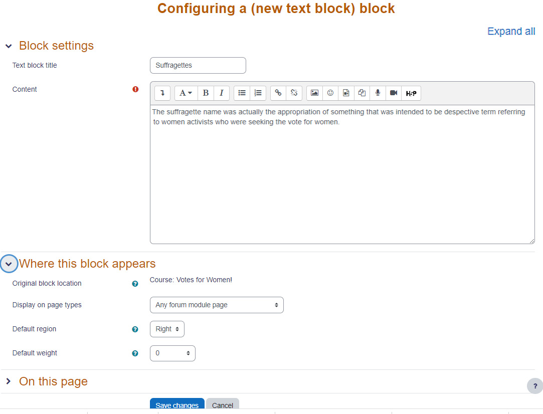 Figure 12.16 – Configuring a Text block (formerly an HTML block)
