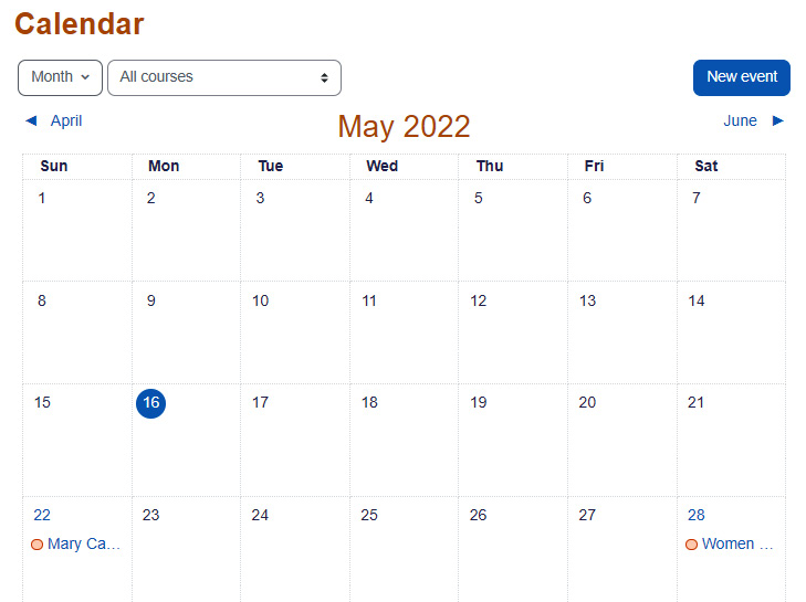 Figure 12.20 – The Calendar block displays the scheduled activities by month
