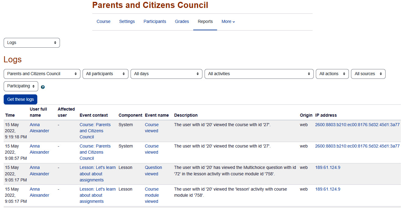 Figure 13.5 – How to view course logs
