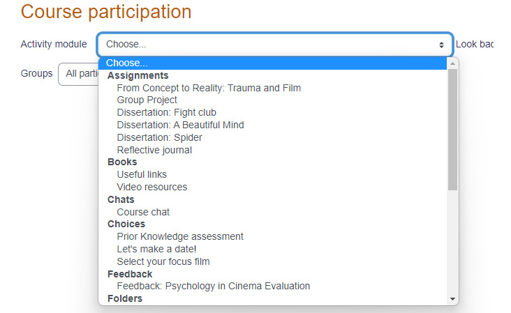 Figure. 13.10 – A menu showing the different types of Course participation reports
