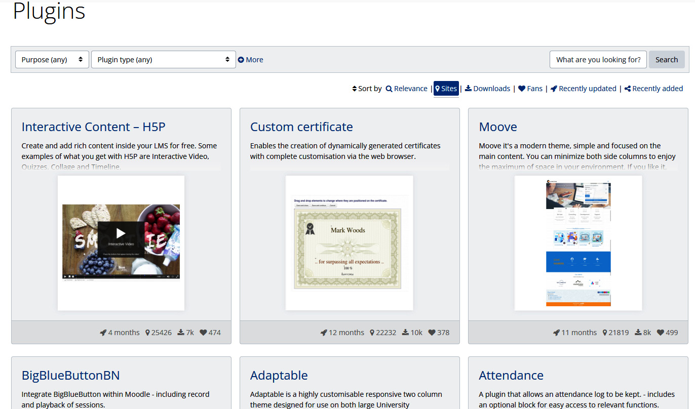 Figure 2.3 – Moodle's searchable page for downloading plugins for an installation on your own server 
