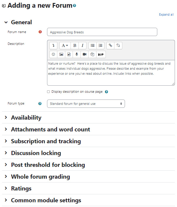 Figure 8.10 – The Adding a new Forum screen, with places to add a name and description
