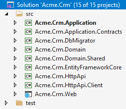Figure 9.4 – The CRM solution created using the ABP startup template
