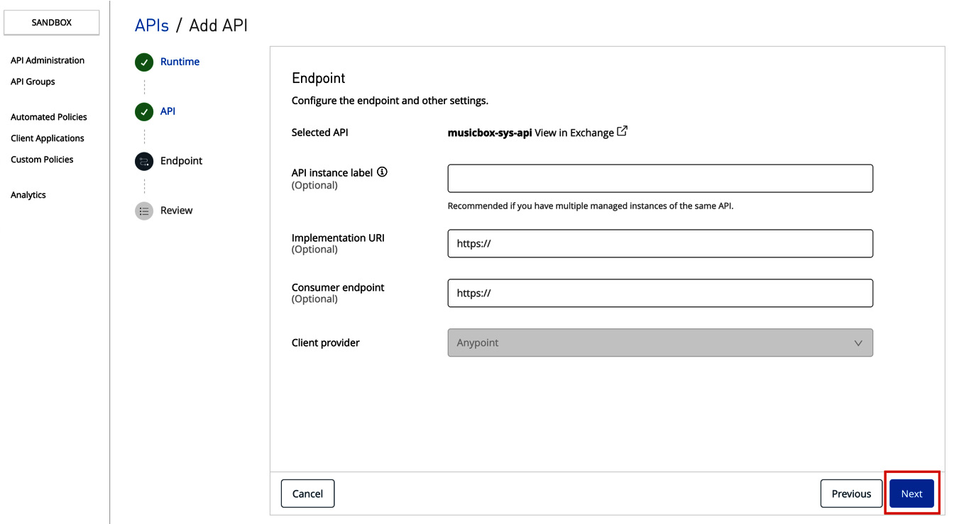 Figure 10.8 – Configuring the endpoint while creating the API instance
