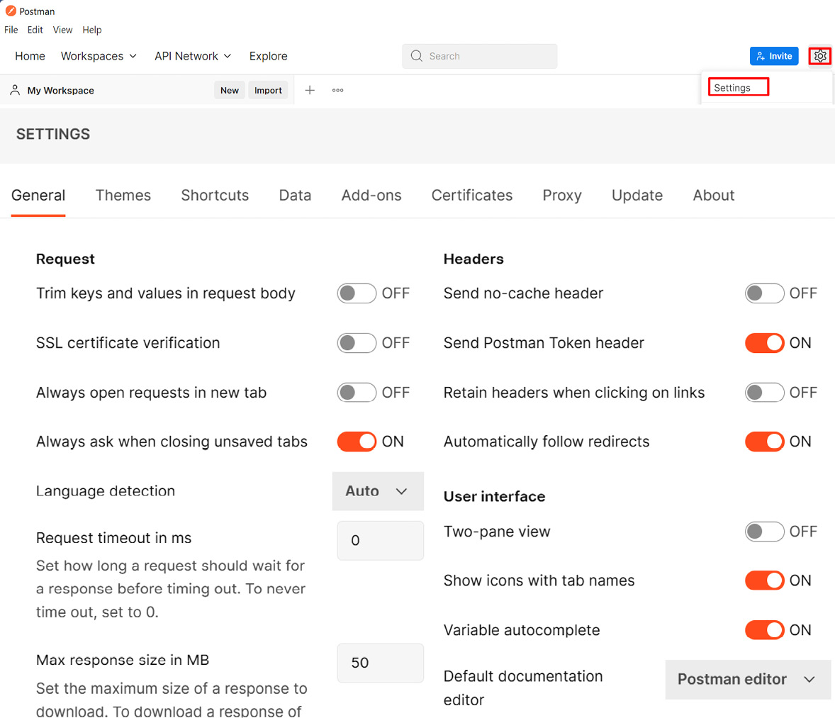 Figure 11.4 – Postman – settings
