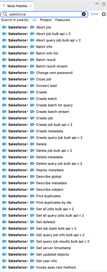 Figure 12.1 – Salesforce connectors in Mule Palette