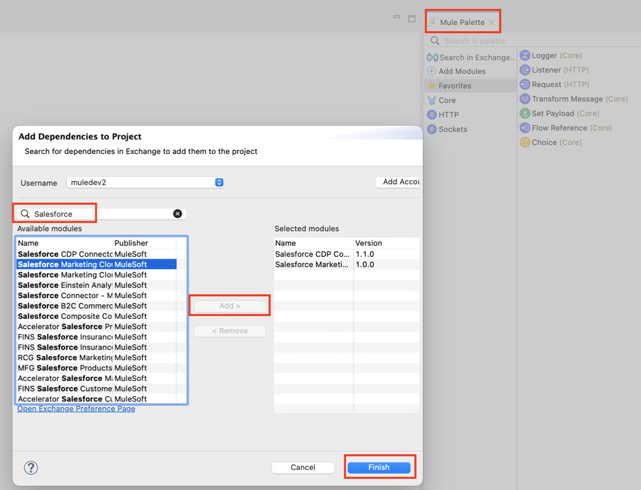 Figure 12.6 – Adding Salesforce connectors to Mule Palette